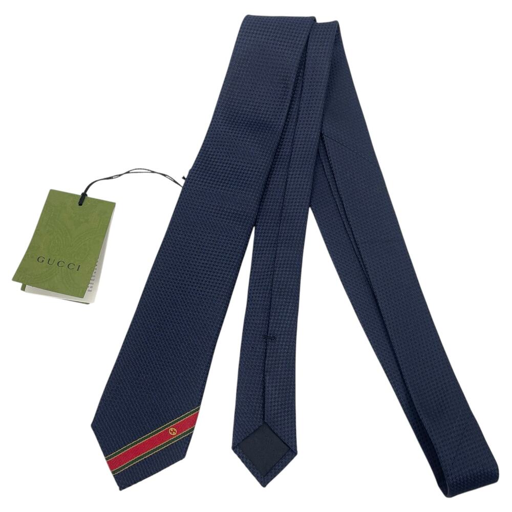 Gucci The Ricand Woven 100% Silk Tie Navy Green Red Stripe - Picture 3 of 8